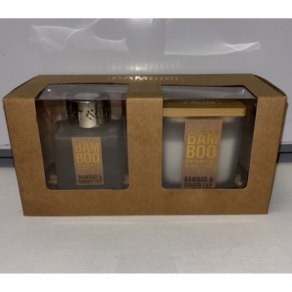 NEW Bamboo Ginger Lily Candle Reed Diffuser Set Eco Friendly Soy Scented - Picture 2 of 15